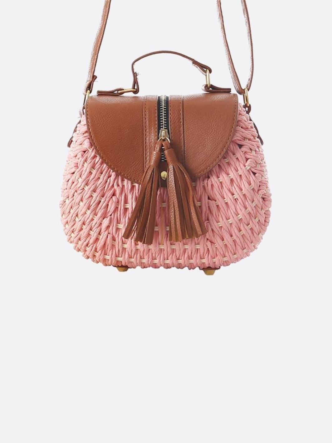 Straw Crossbody Bag with Leather Flap and Tassel Detail
