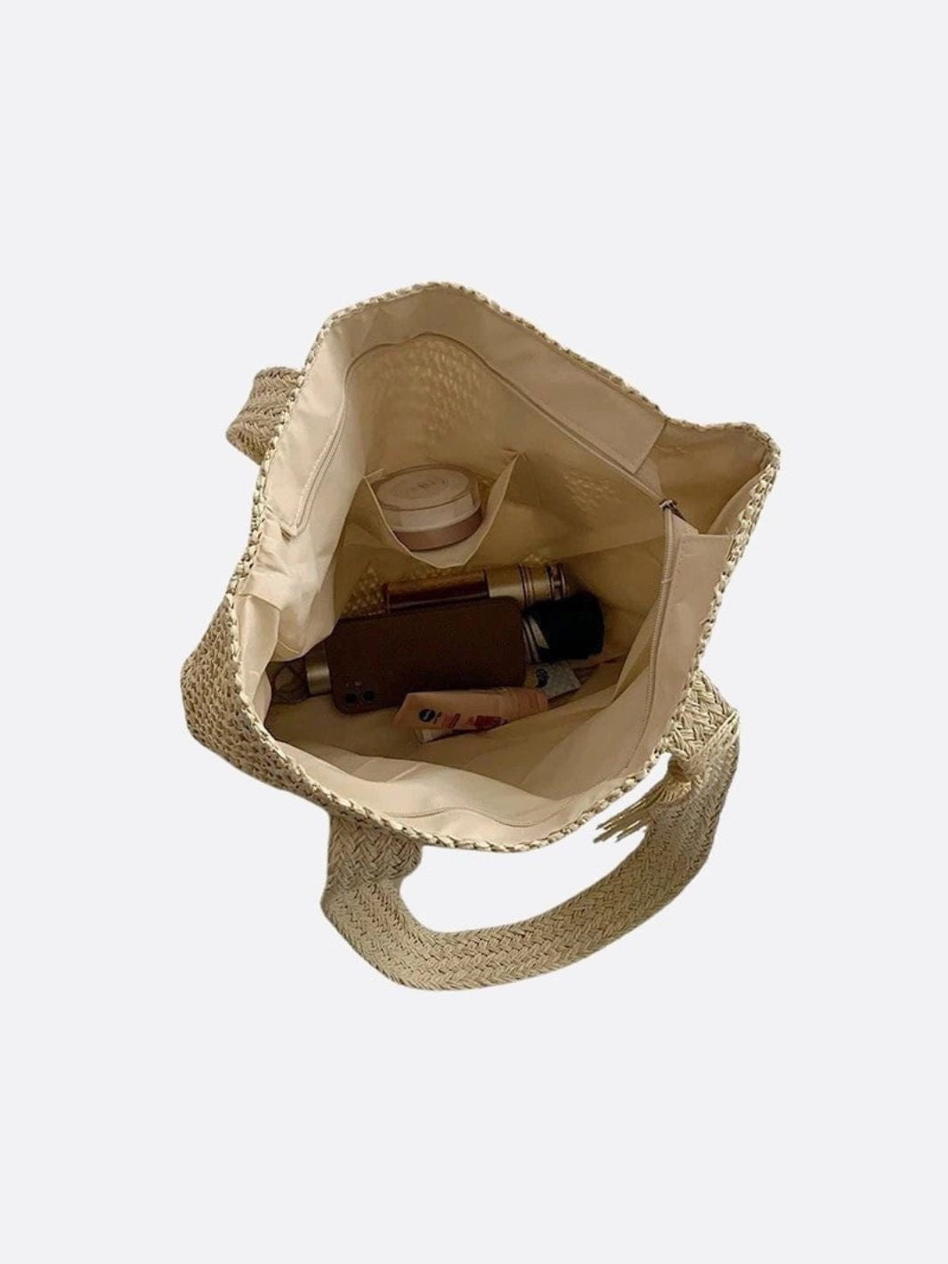 Natural Woven Straw Tote Bag with Tassel Accent