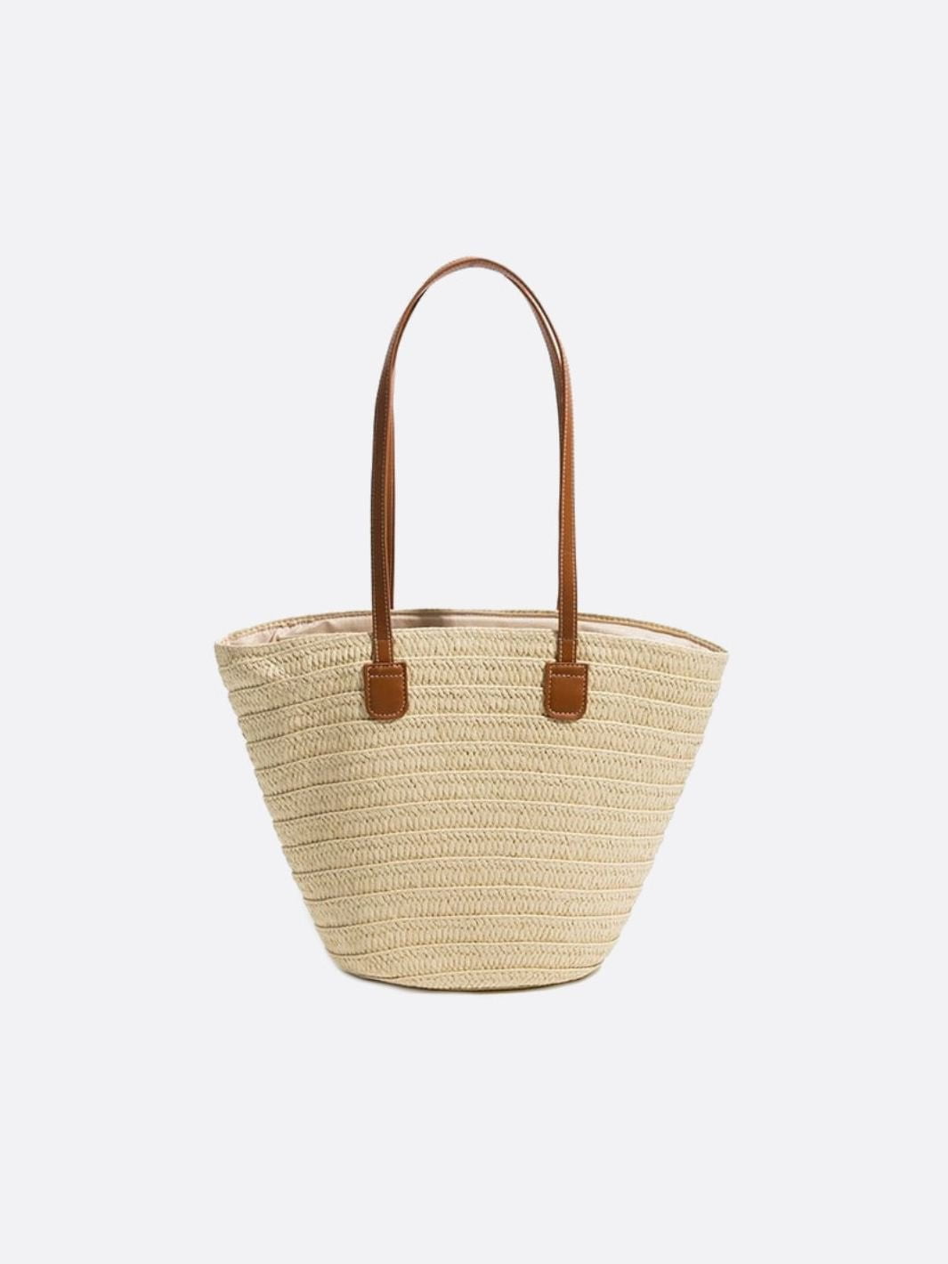 Straw and Brown Leather Tote Bag