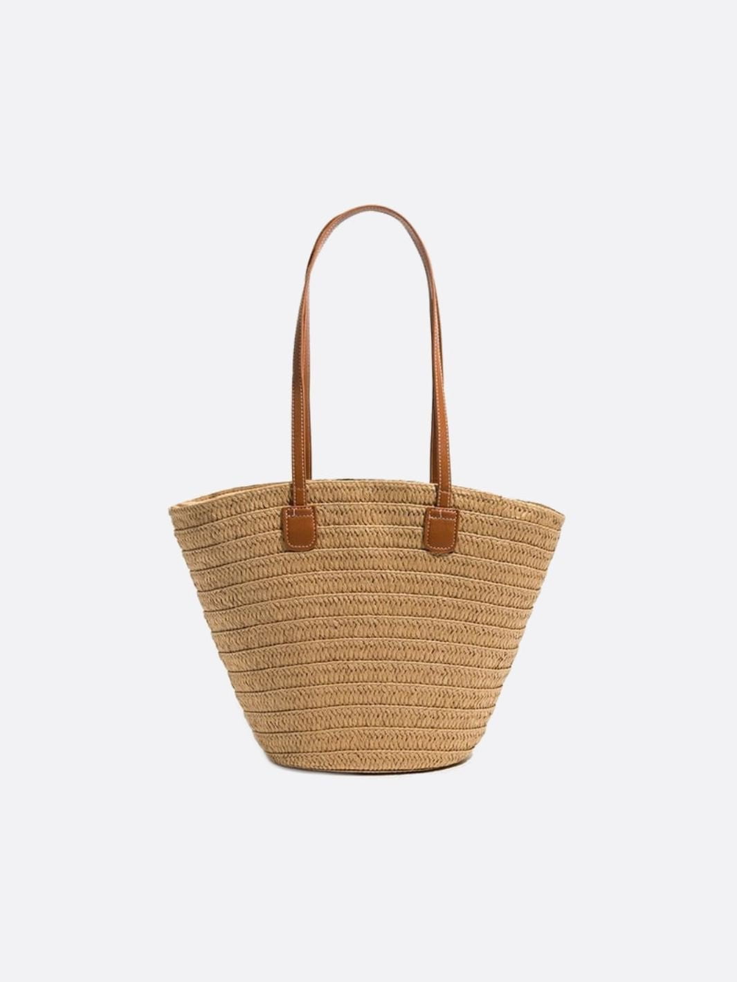 Straw and Brown Leather Tote Bag