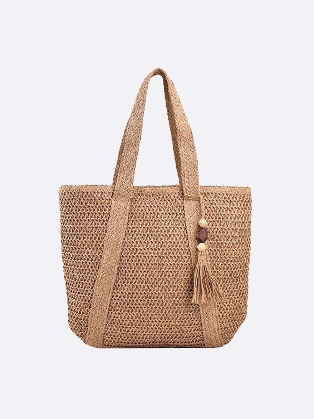 Natural Woven Straw Tote Bag with Tassel Accent
