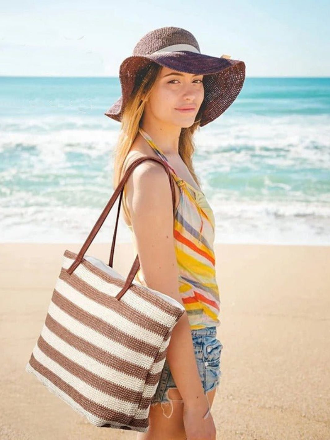 Striped Woven Straw Tote Bag