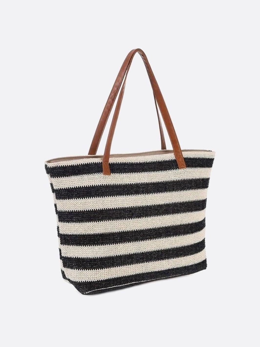Striped Woven Straw Tote Bag