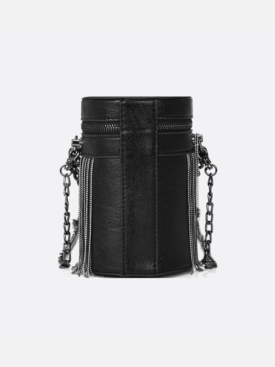 Aria – Black Cylinder Fringe Chain Bag
