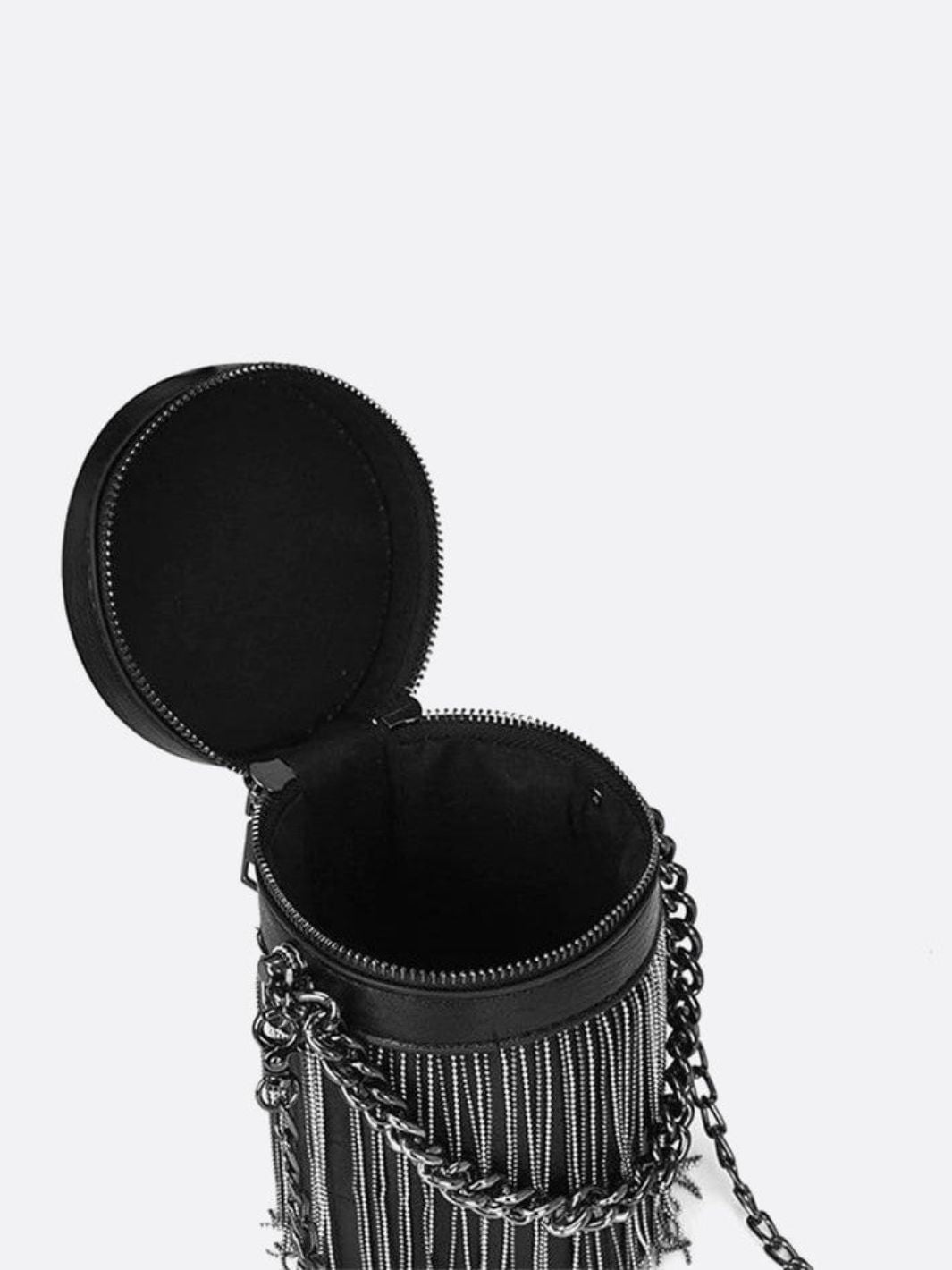Aria – Black Cylinder Fringe Chain Bag