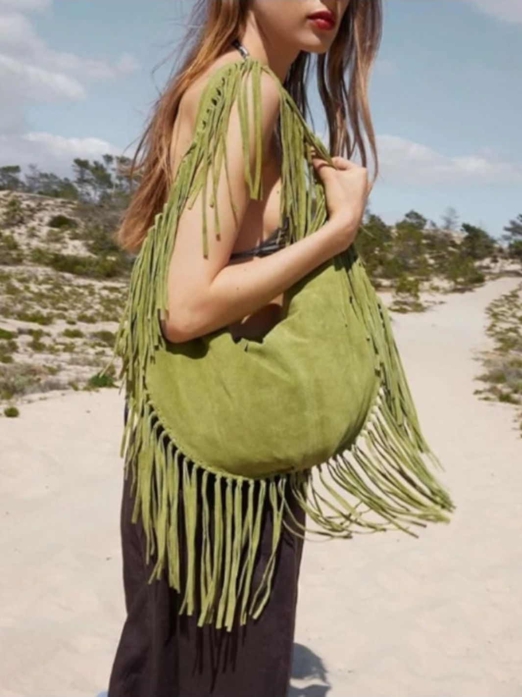 Sierra – Camel Suede Fringe Tote Bag