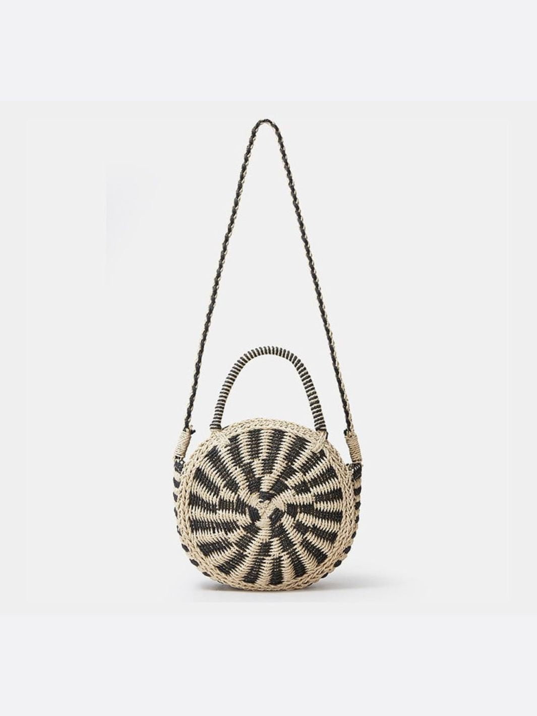 Round Black & Natural Straw Crossbody Bag