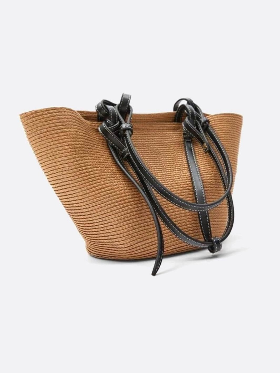 Two-Tone Straw Tote Bag with Black Leather Handles
