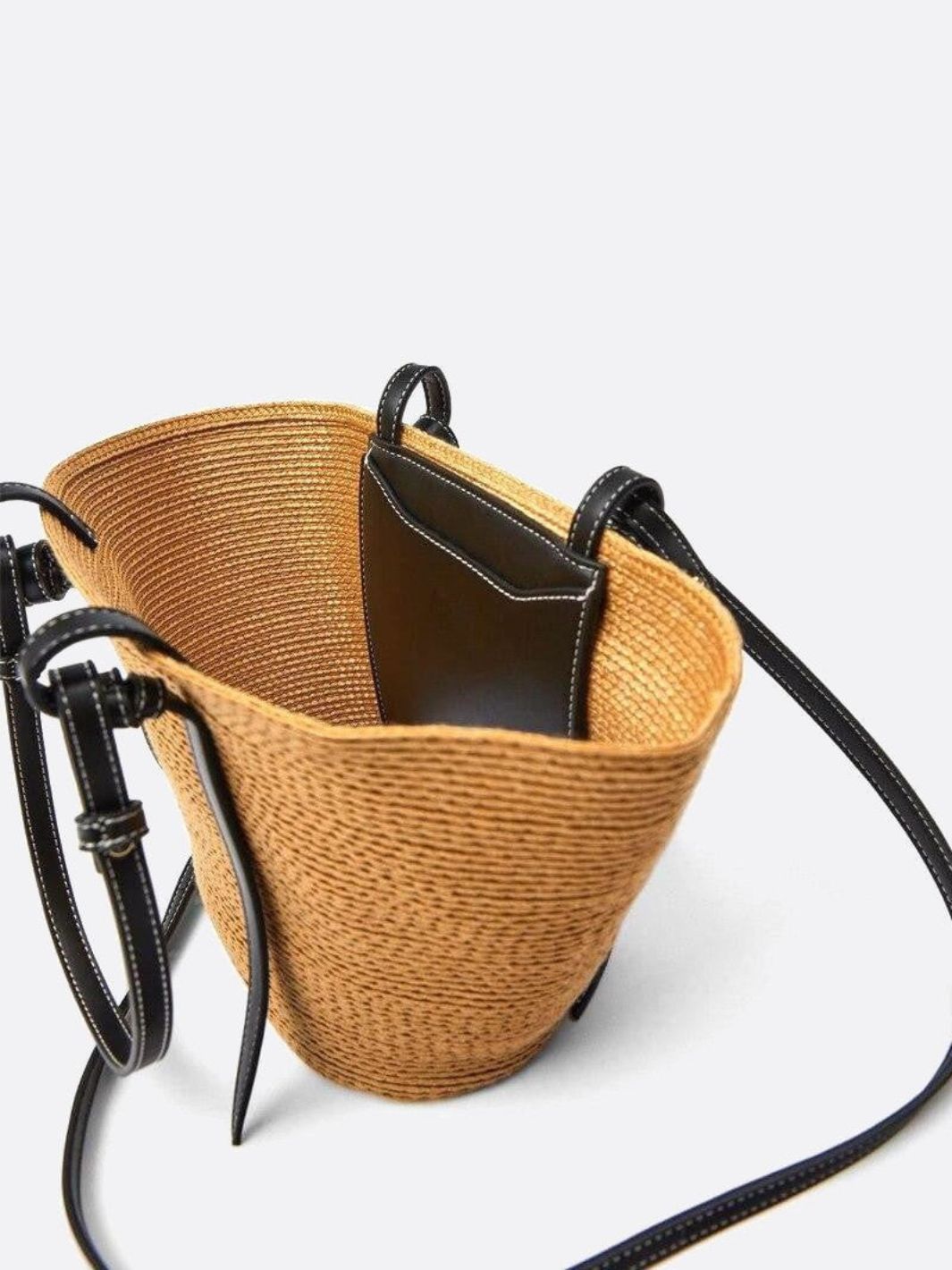 Two-Tone Straw Tote Bag with Black Leather Handles