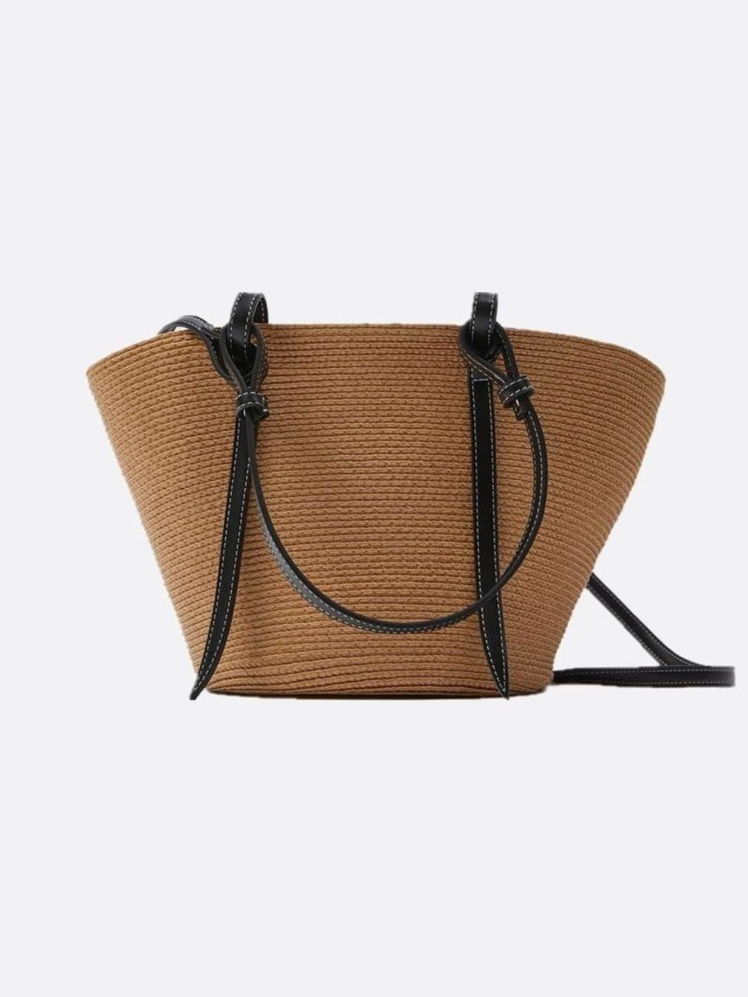 Two-Tone Straw Tote Bag with Black Leather Handles