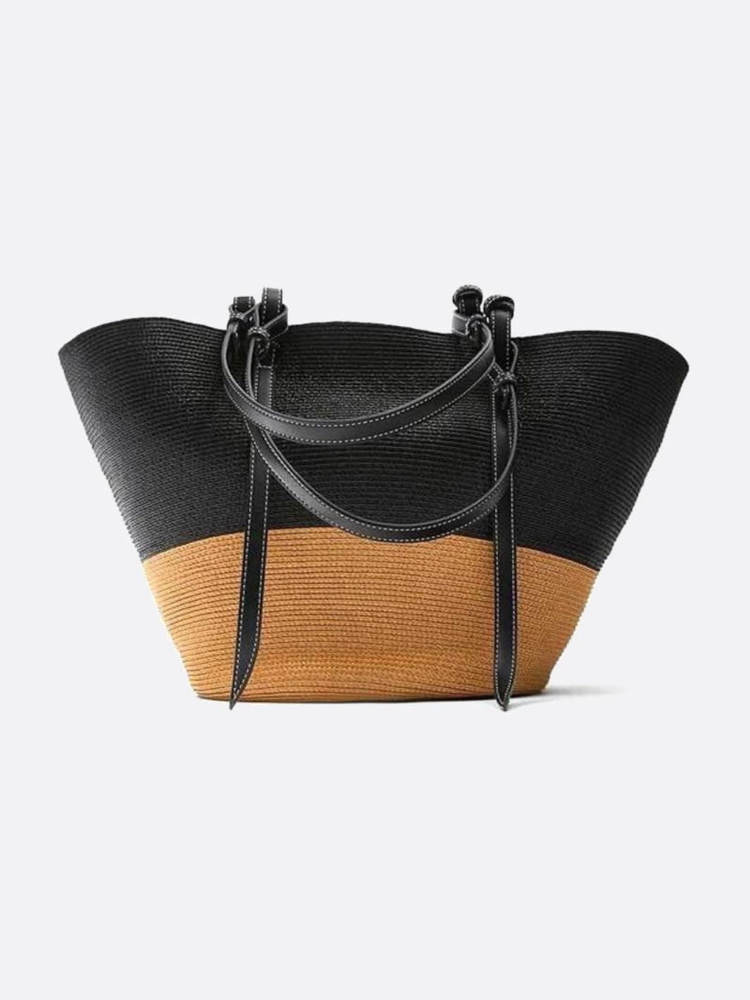 Two-Tone Straw Tote Bag with Black Leather Handles