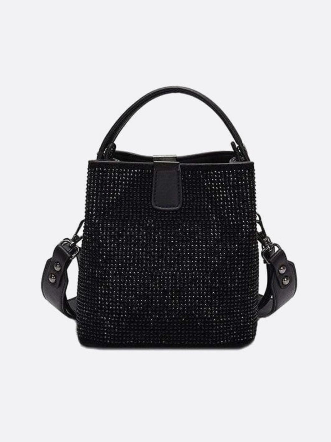 Solenne | Black Rhinestone Bucket Bag – Glamorous & Bold