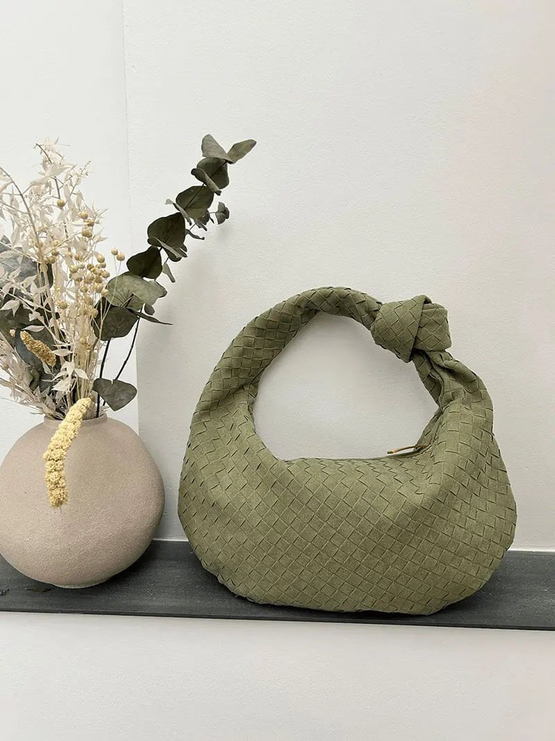 Beige Woven Knot Handle Handbag