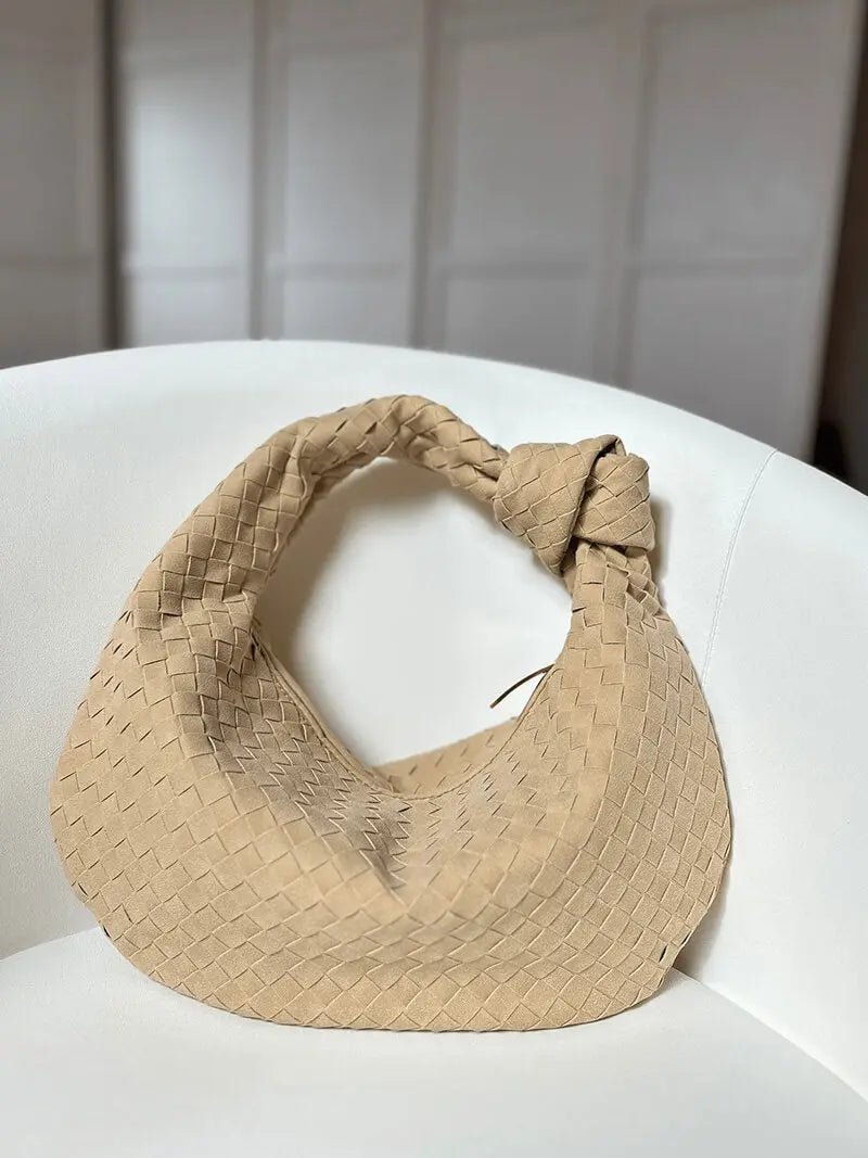 Beige Woven Knot Handle Handbag
