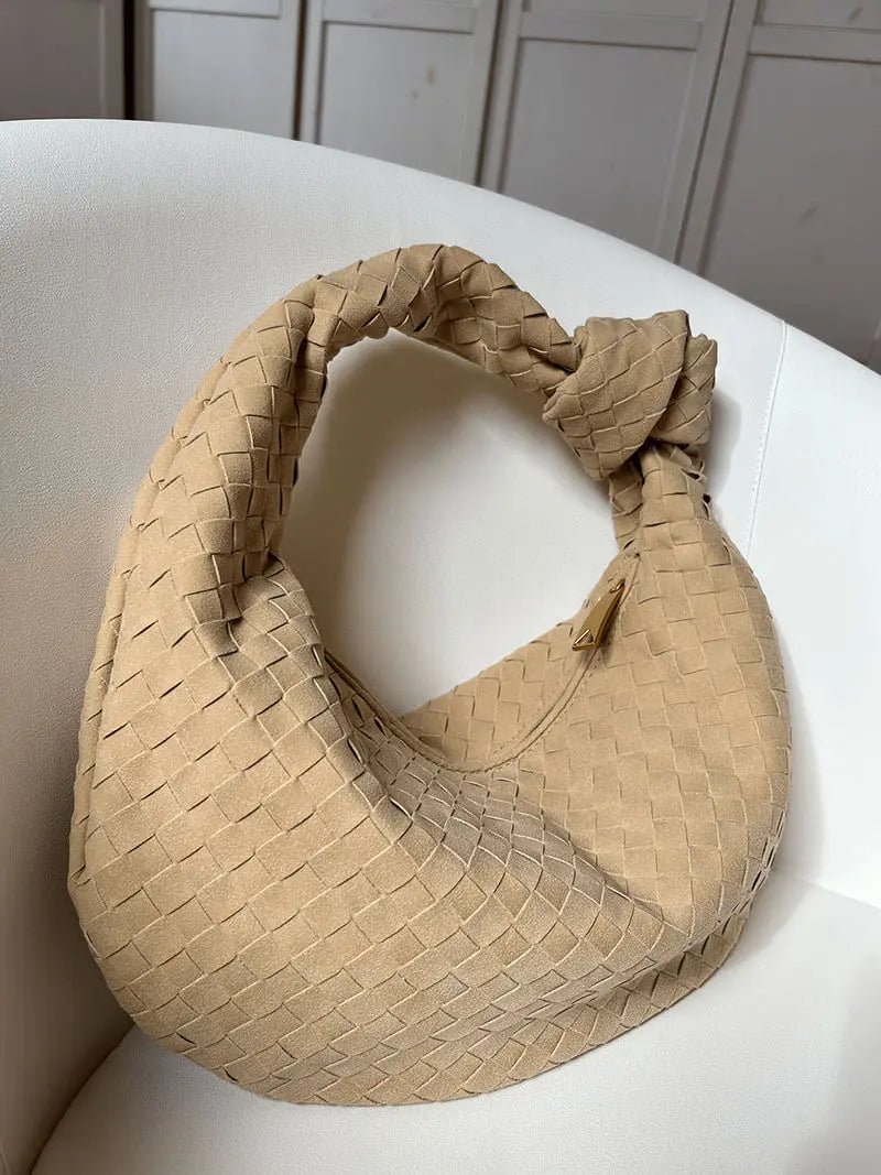 Beige Woven Knot Handle Handbag