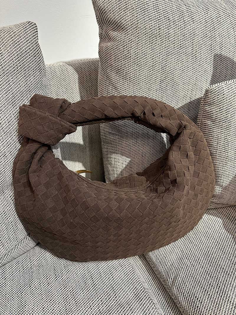 Beige Woven Knot Handle Handbag