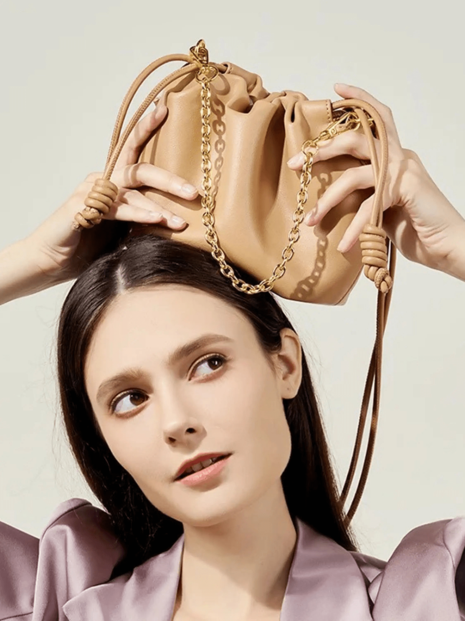 Luna Drawstring Satin Clutch – Champagne Beige