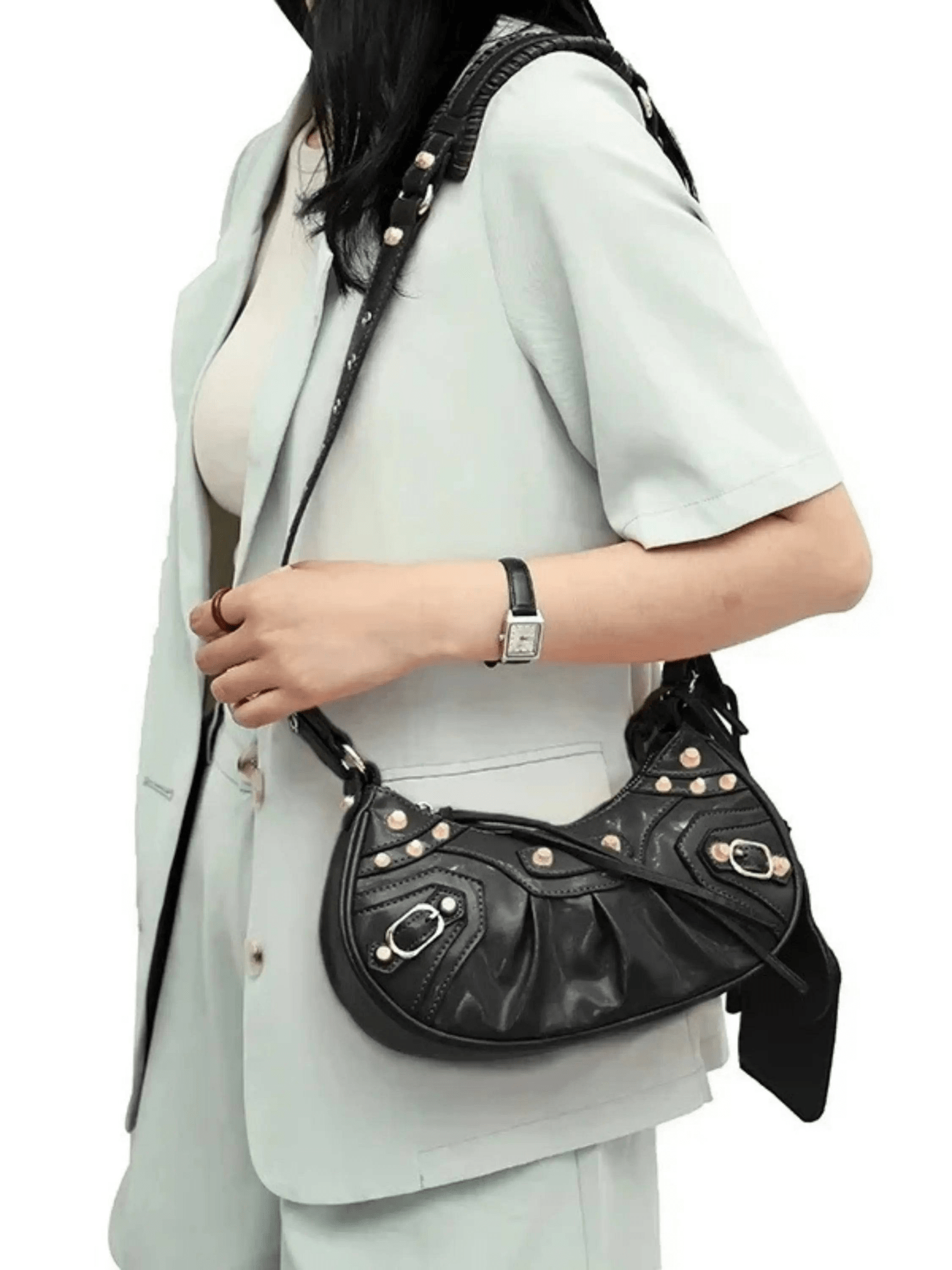 Zoey Studded Patent Leather Shoulder Bag with Charm Details