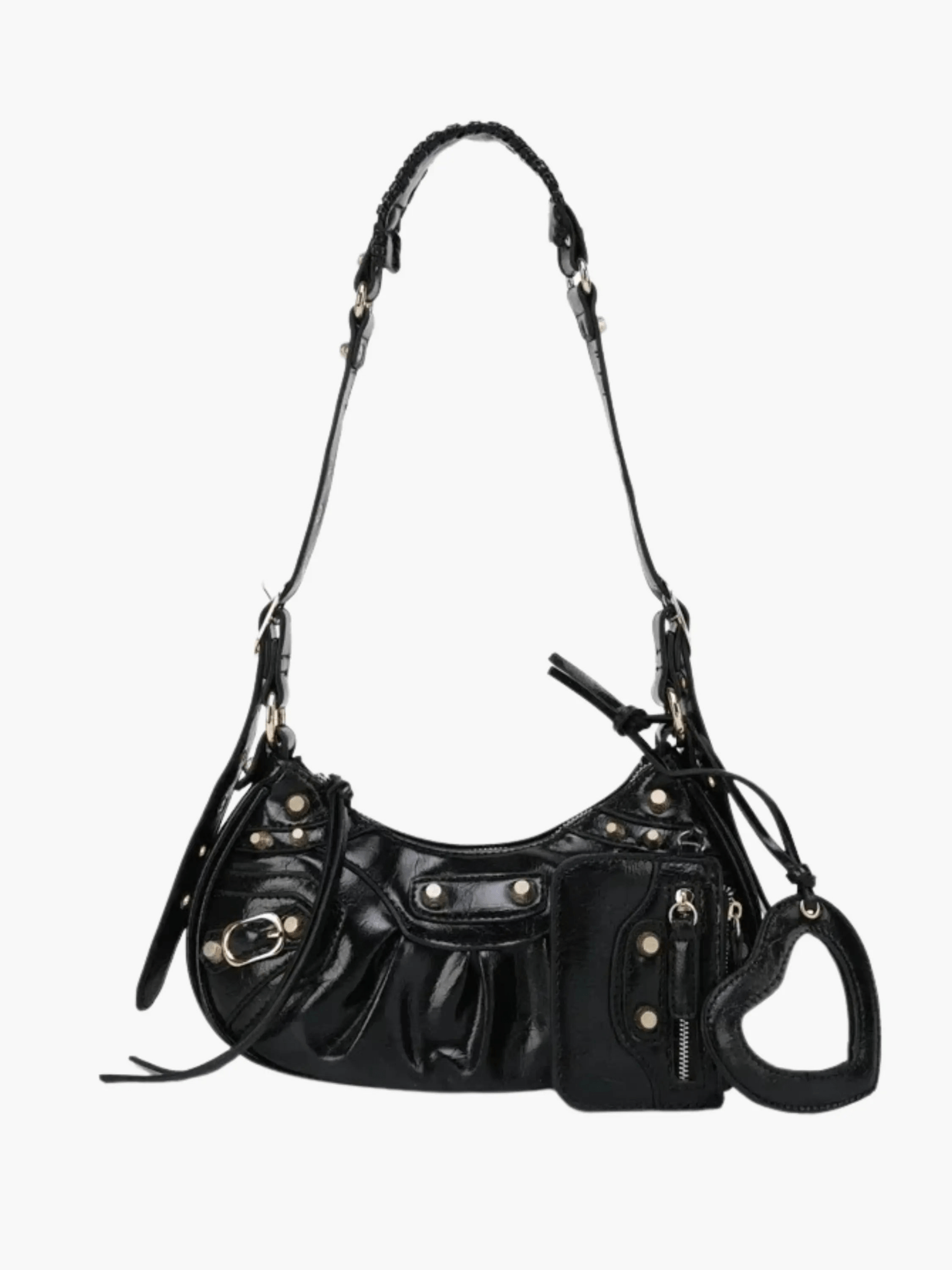 Zoey Studded Patent Leather Shoulder Bag with Charm Details