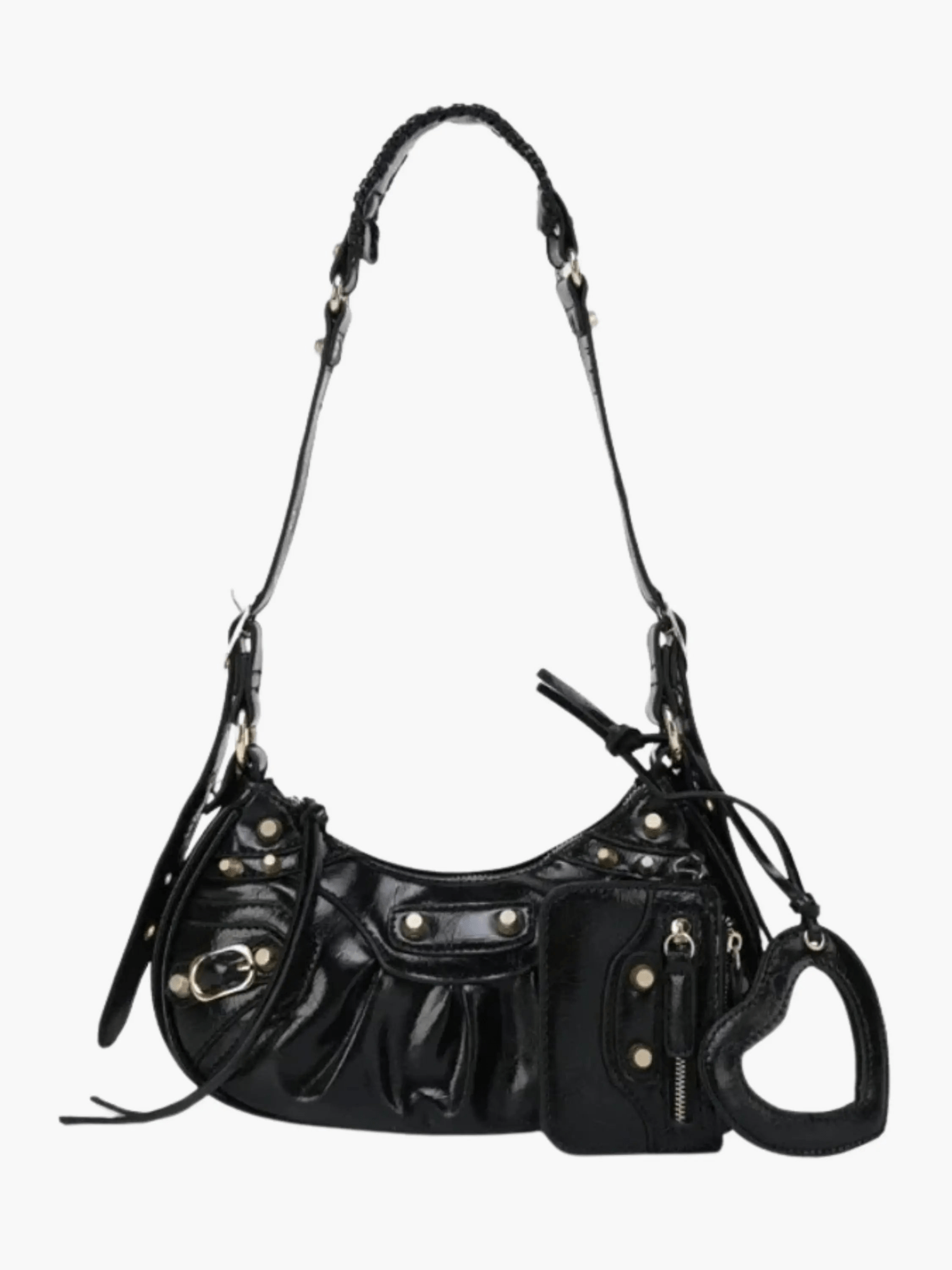 Zoey Studded Patent Leather Shoulder Bag with Charm Details
