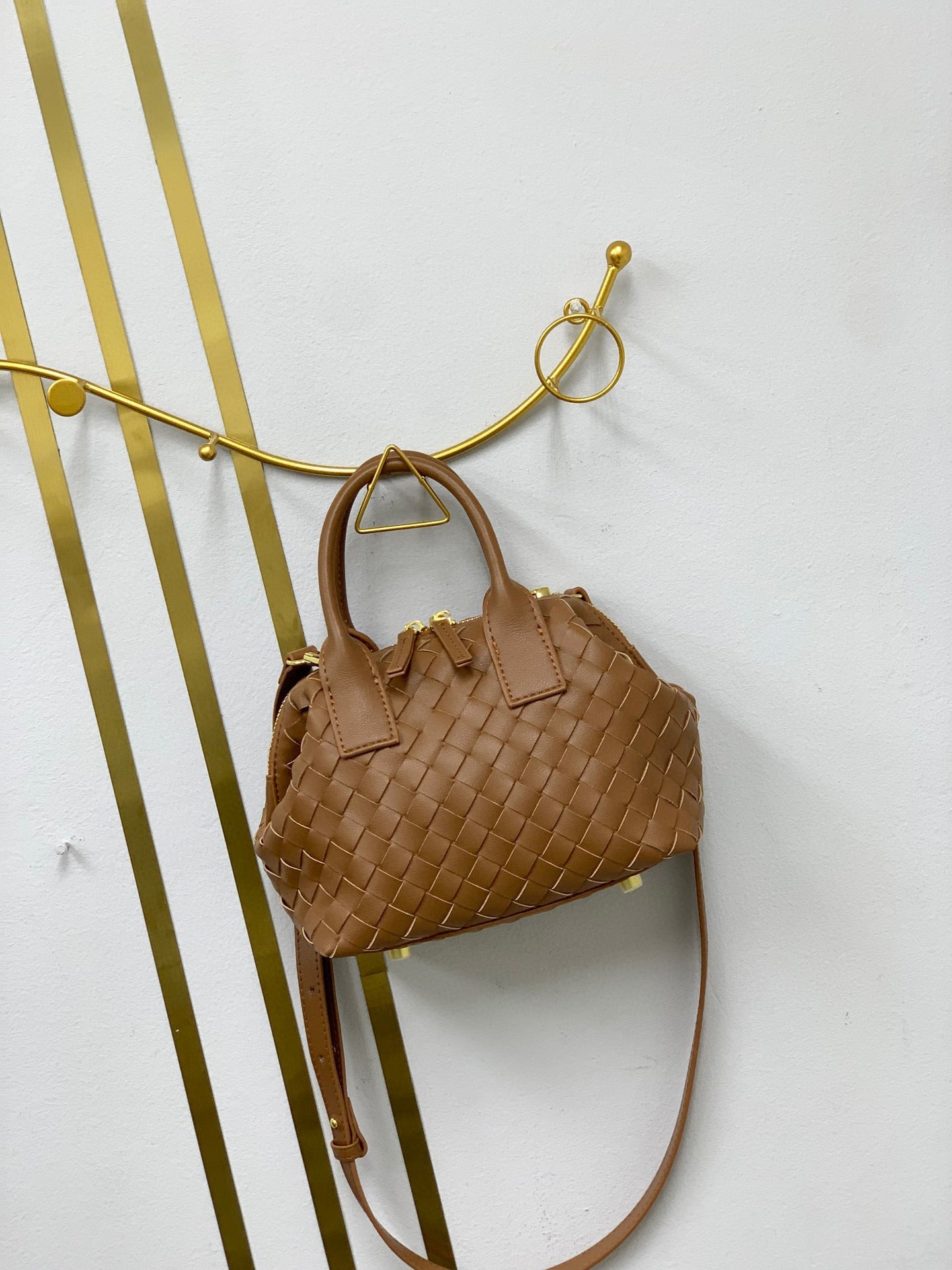 Brown Woven Leather Boston Handbag