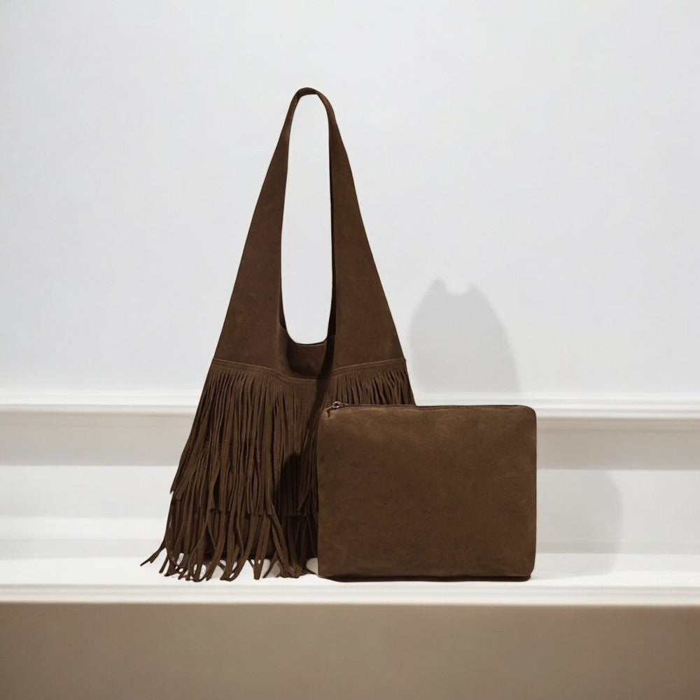 Savanna Fringe Suede Tote – Chocolate Brown