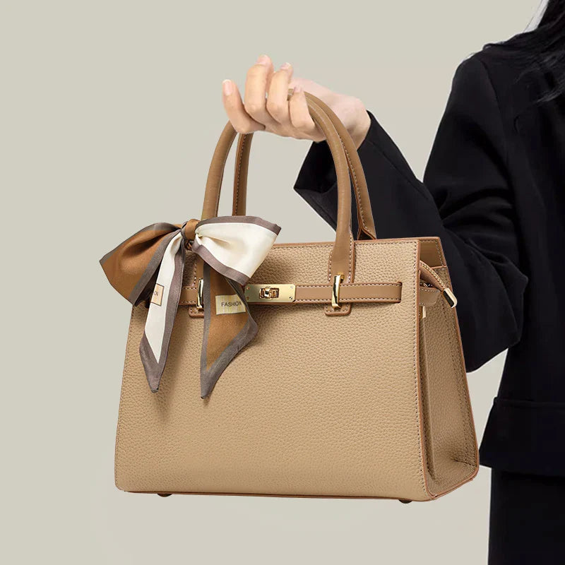 Lyora Solé Signature – Beige Tote with Silk Scarf Accent