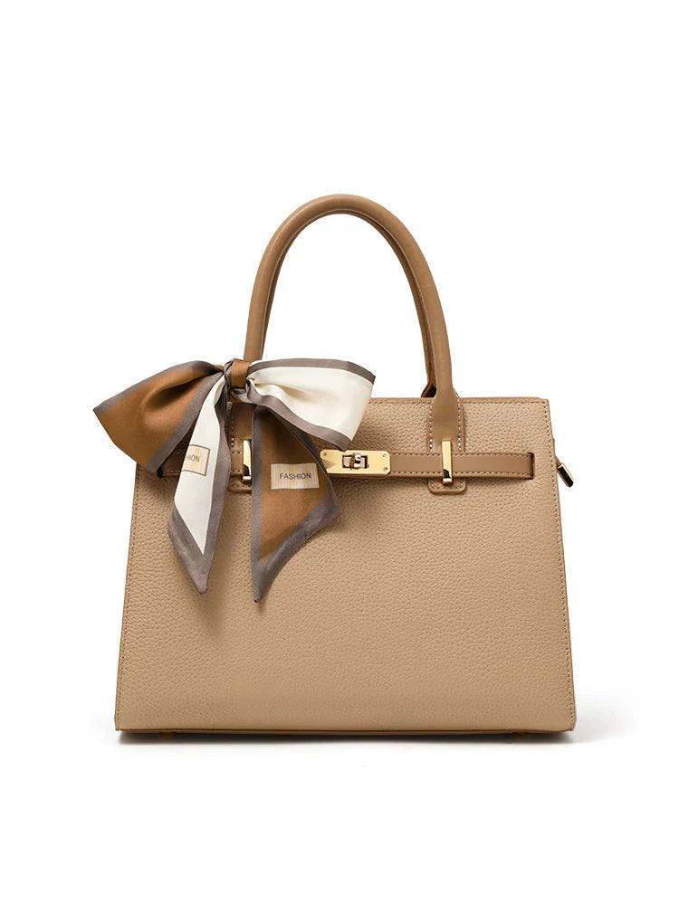 Lyora Solé Signature – Beige Tote with Silk Scarf Accent