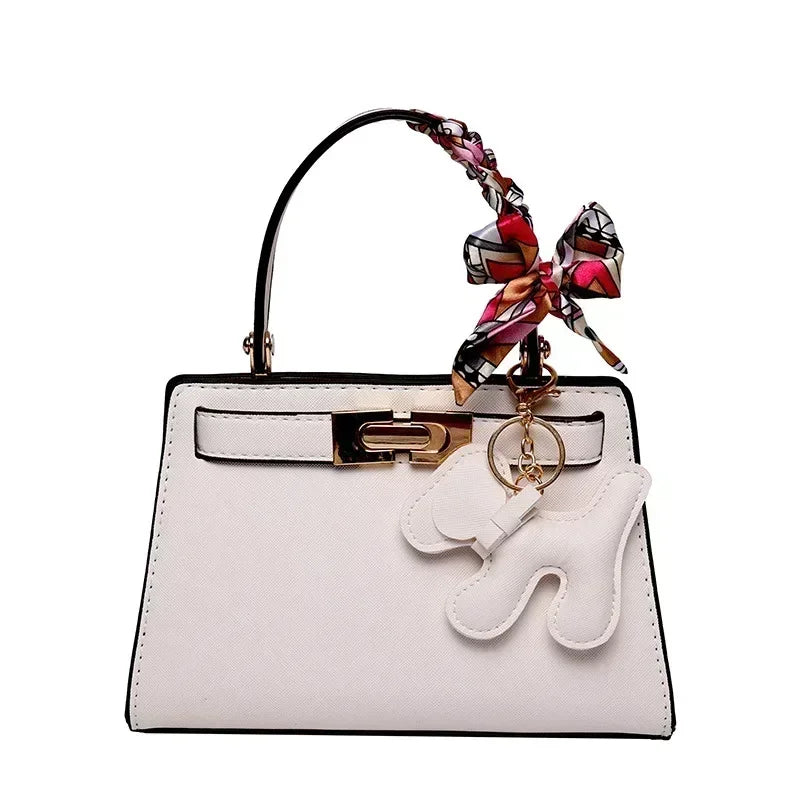 Black Elegant Top Handle Bag with Scarf & Charm