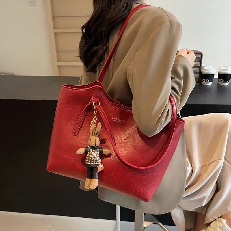 Clara Red Leather Tote Bag with Charm