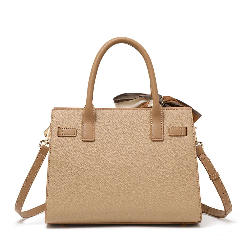Lyora Solé Signature – Beige Tote with Silk Scarf Accent