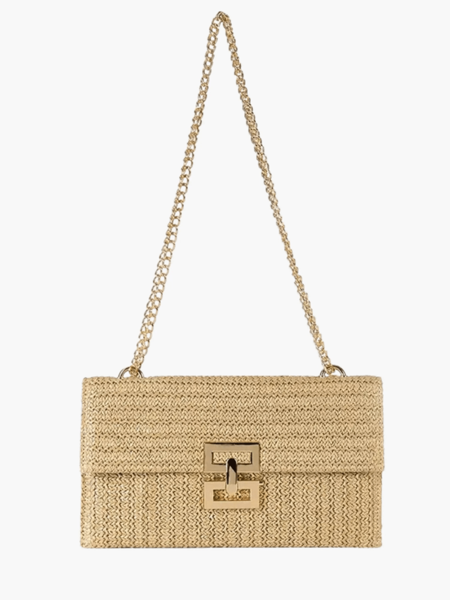 Elegant Woven Shoulder Bag – Beige with Gold Chain Strap