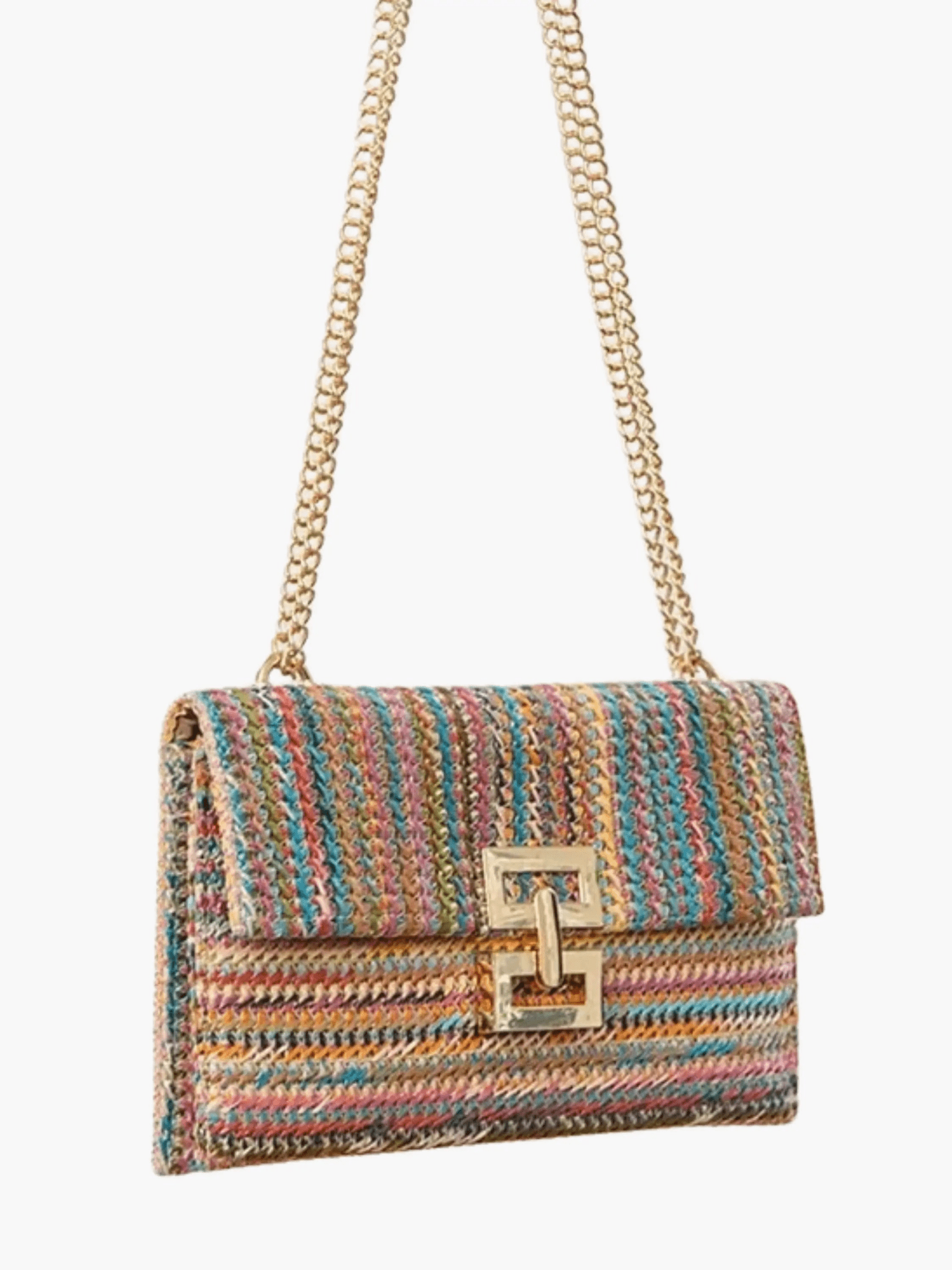 Elegant Woven Shoulder Bag – Beige with Gold Chain Strap