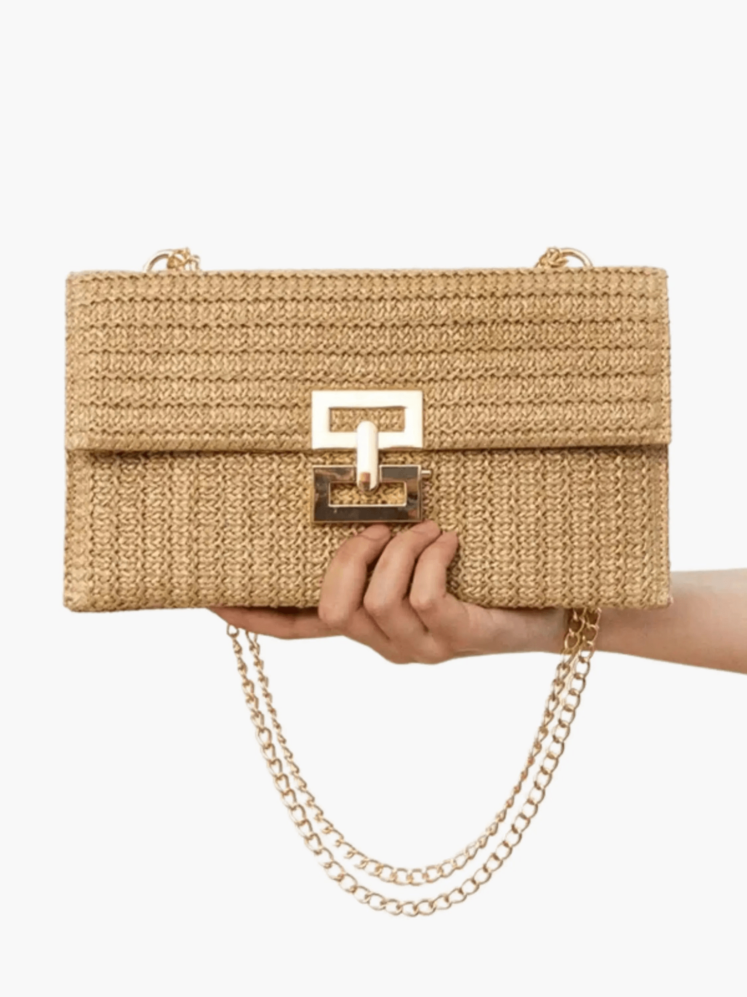 Elegant Woven Shoulder Bag – Beige with Gold Chain Strap