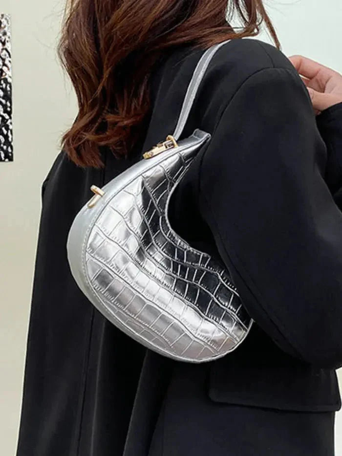 Aurè Metallic Croc-Embossed Shoulder Bag – Gold Luxe