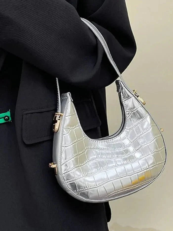 Aurè Metallic Croc-Embossed Shoulder Bag – Gold Luxe