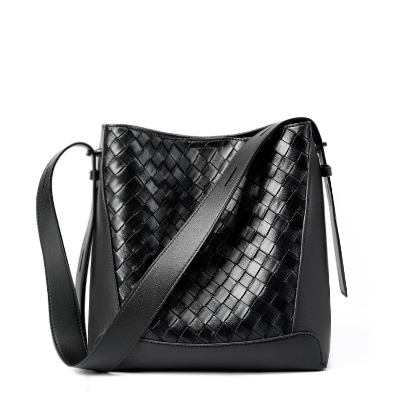 Elara – Black Woven Leather Tote Bag