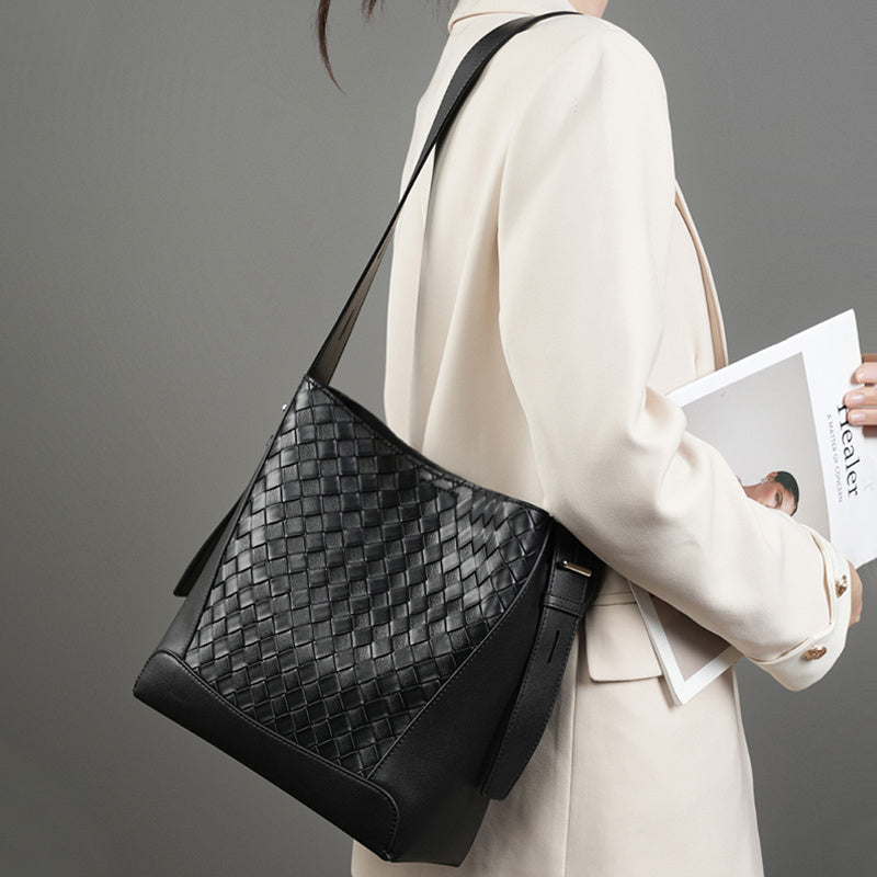Elara – Black Woven Leather Tote Bag