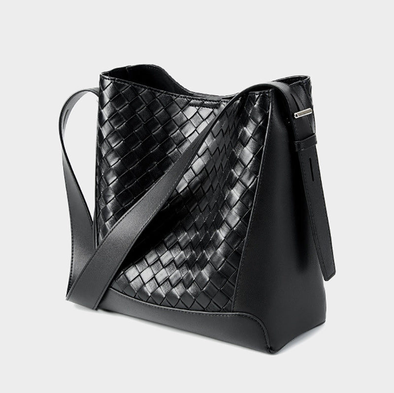Elara – Black Woven Leather Tote Bag