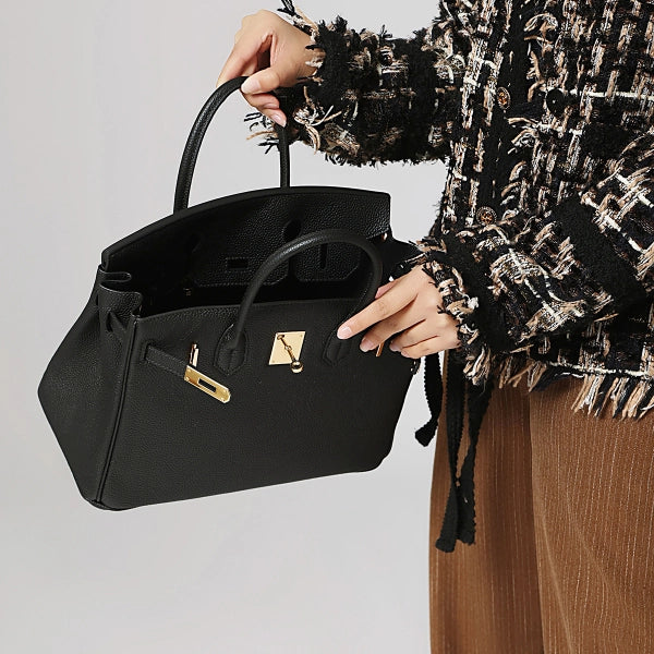 Aurora – Black Structured Leather Satchel with Gold Hardware