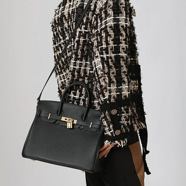 Aurora – Black Structured Leather Satchel with Gold Hardware