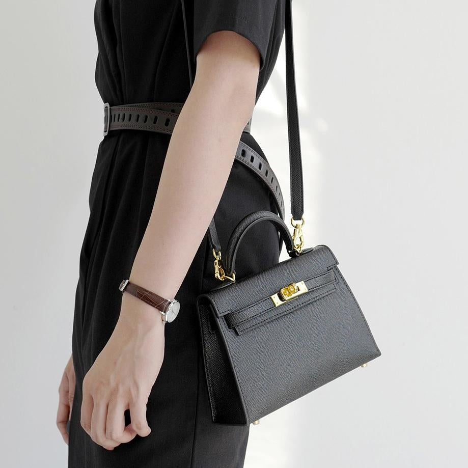 Aurora – Black Mini Top-Handle Leather Bag with Gold Hardware