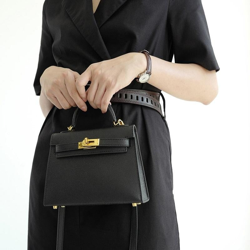 Aurora – Black Mini Top-Handle Leather Bag with Gold Hardware