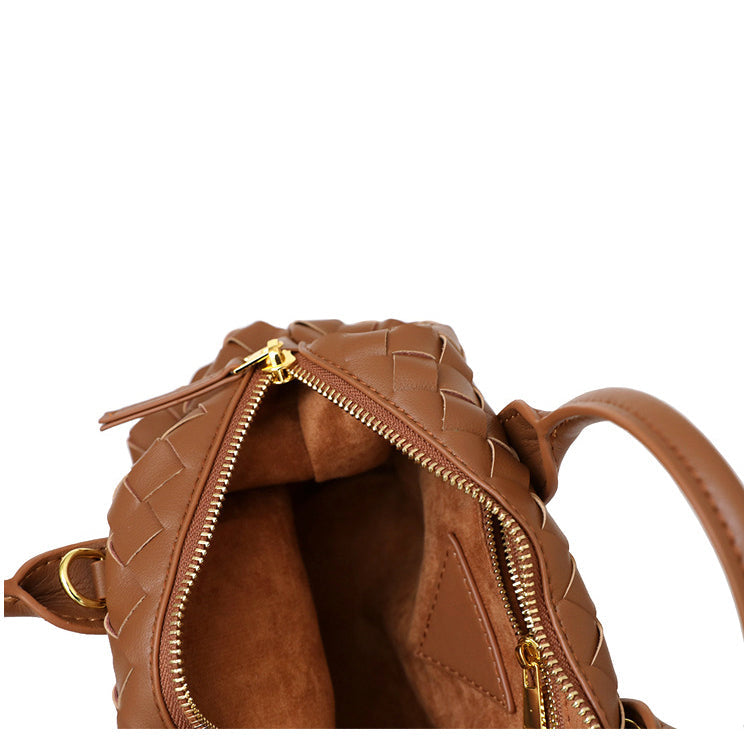 Brown Woven Leather Boston Handbag