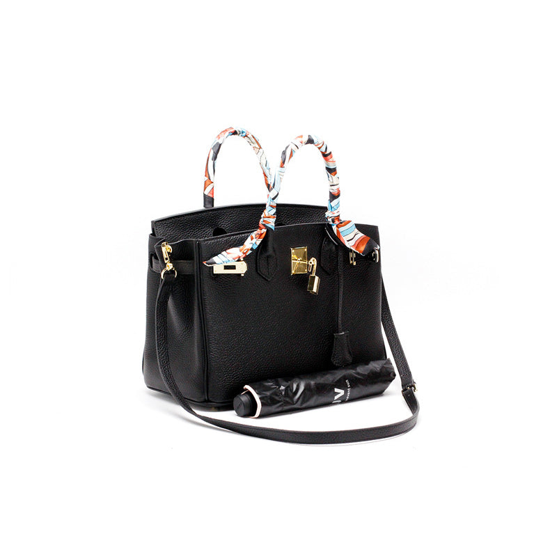 Sofia Black Leather Tote with Scarf Detail
