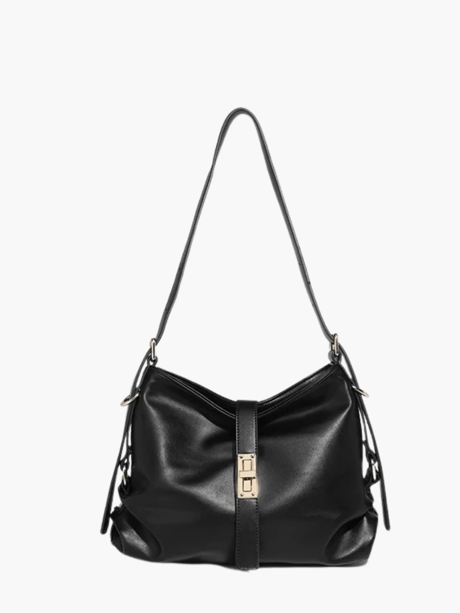 Black Leather Shoulder Bag with Gold Buckle Accent