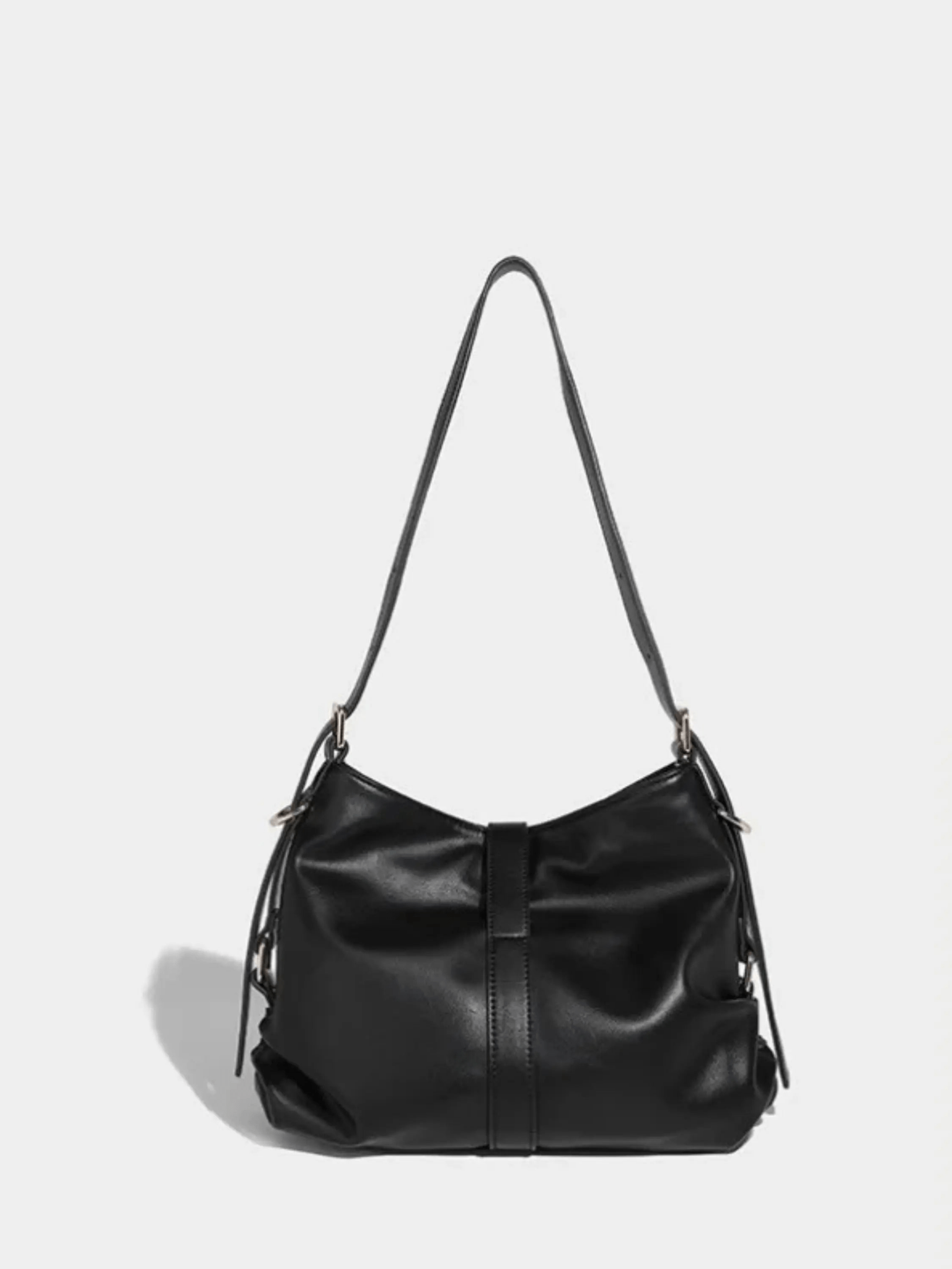 Black Leather Shoulder Bag with Gold Buckle Accent