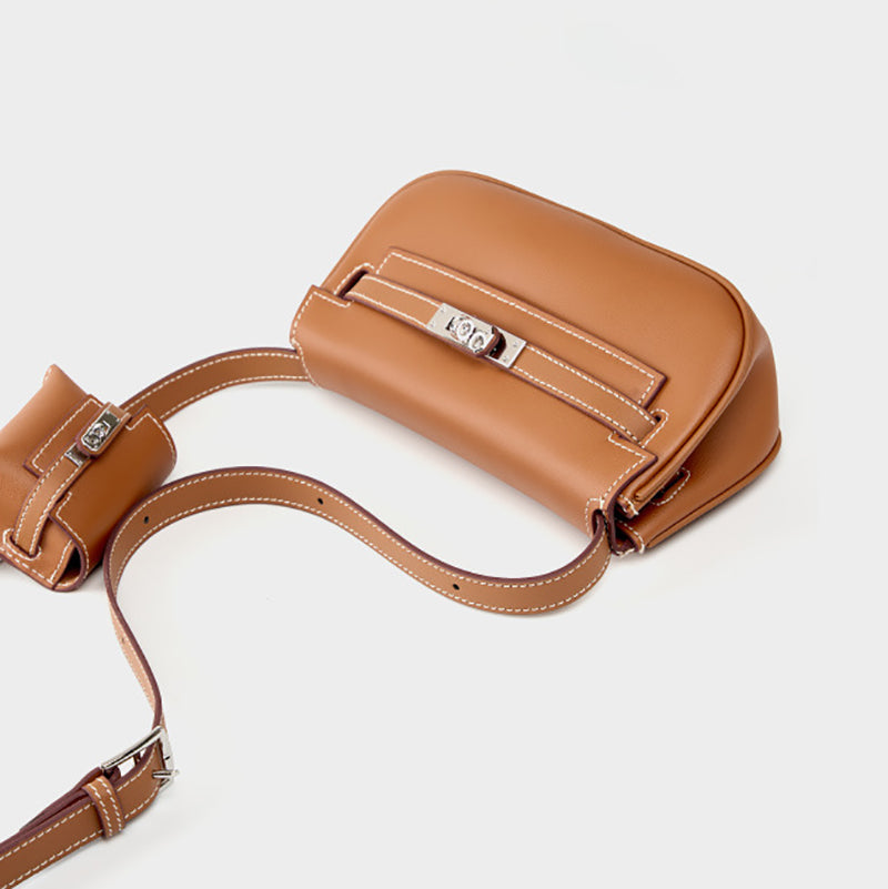 Camel Leather Shoulder Bag with Mini Pouch