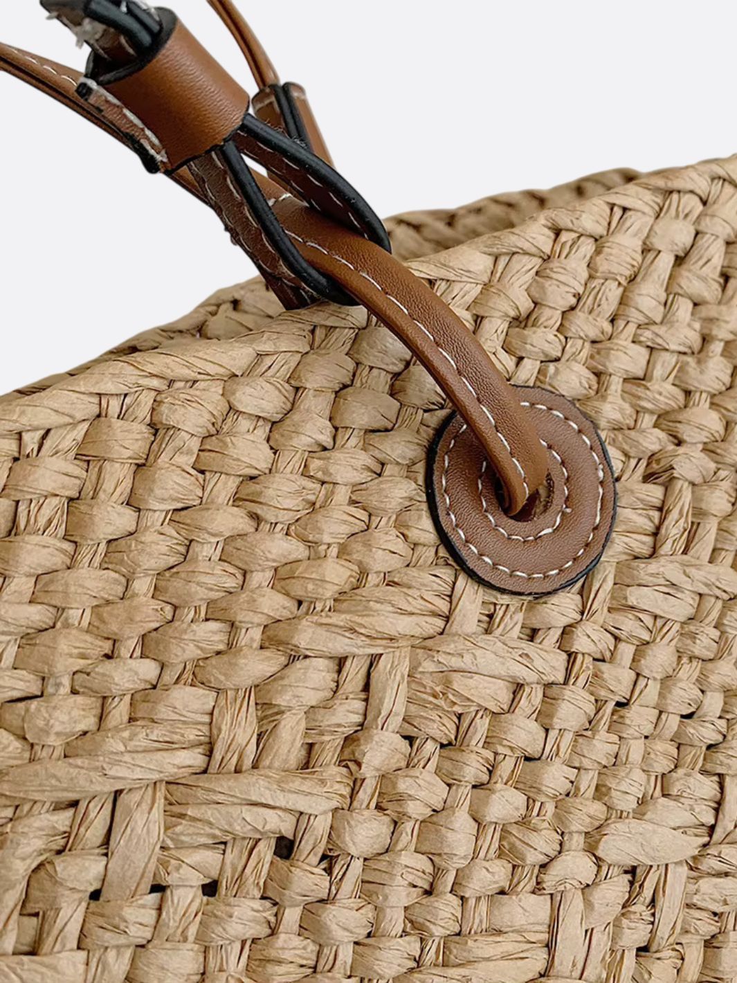 Woven Straw Tote Bag with Brown Leather Handles