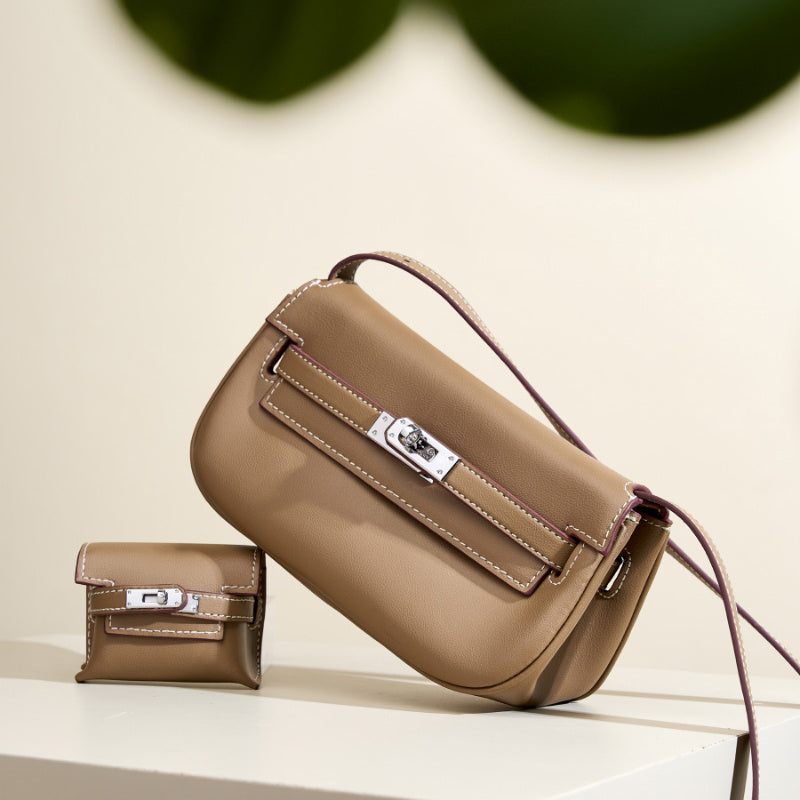 Taupe Soft Leather Shoulder Bag with Mini Pouch